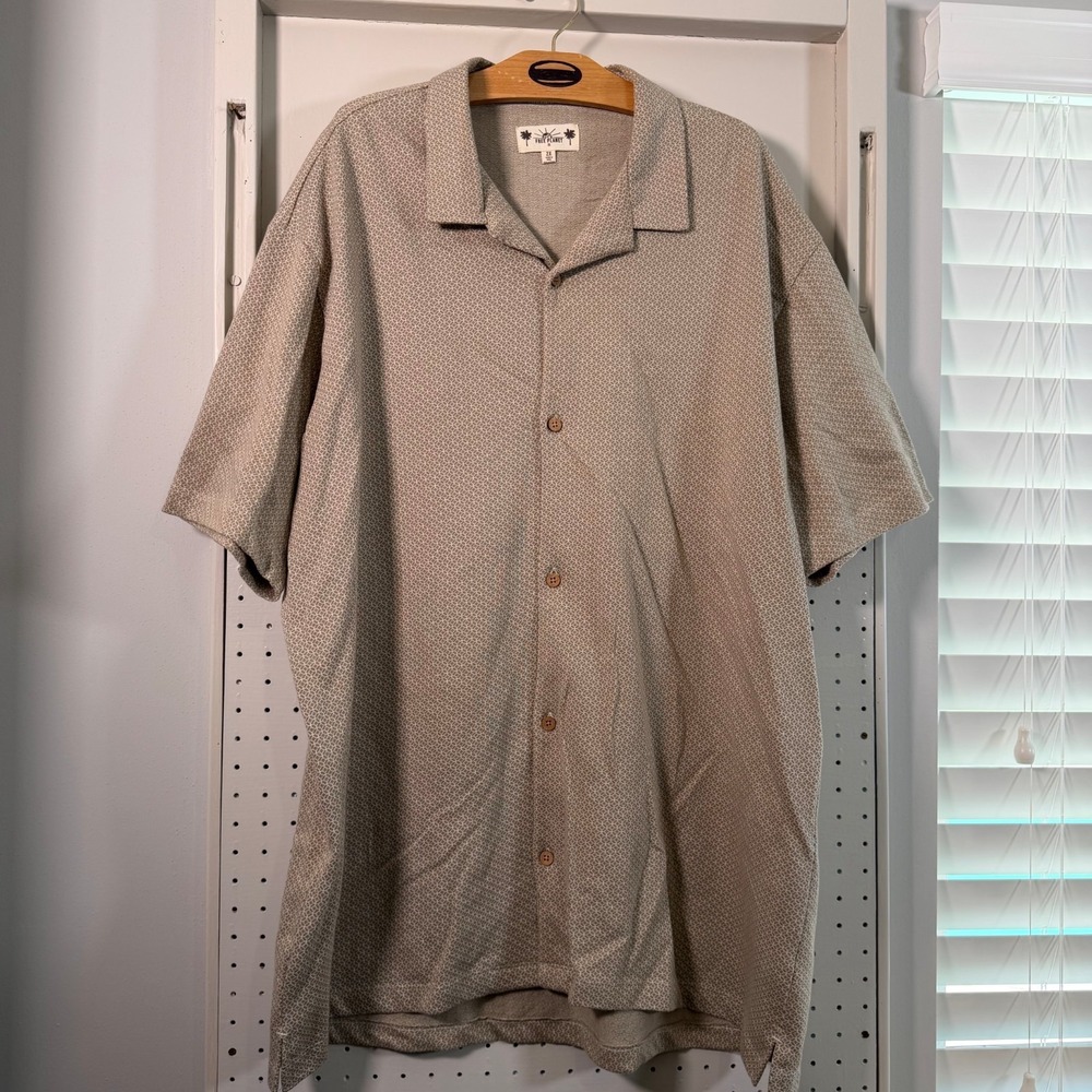 Free Planet Button Up Shirt Men's Beige Camp Collar Short Sleeve Casual - 2X